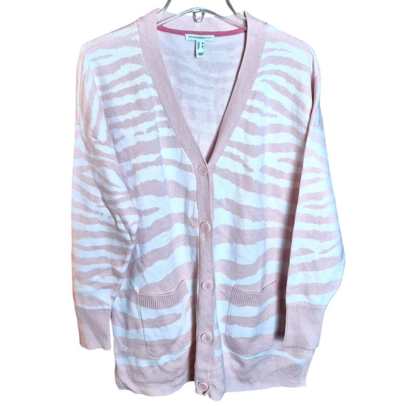 Isaac Mizrahi Live! QVC Medium Powder Pink White Zebra Stripes Cardigan Sweater - Picture 1 of 5